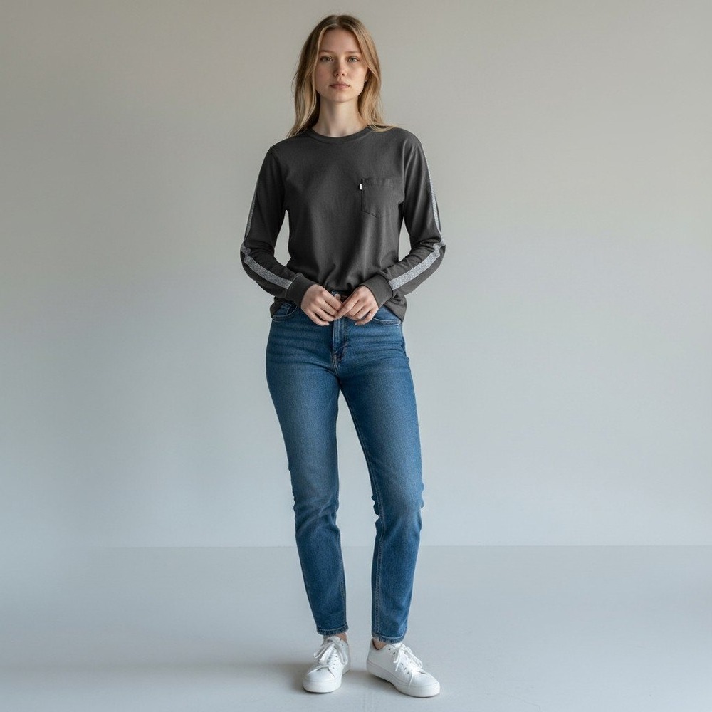 Levi's Women's Charcoal Gray Long Sleeve Pocket T-Shirt  Sparkle‎ Stripes S/P